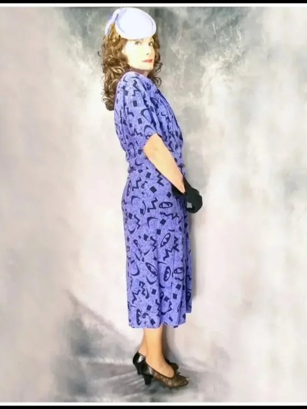 Plus Size 40s STYLE Rayon Dress with Dolman Sleeves - 80s Vintage - Picture 5 of 10